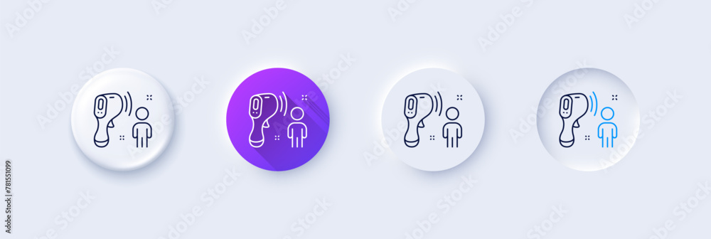 Electronic thermometer line icon. Neumorphic, Purple gradient, 3d pin buttons. Temperature scanner sign. Fever measuring symbol. Line icons. Neumorphic buttons with outline signs. Vector Electronic thermometer line icon. Neumorphic, Purple gradient, 3d pin buttons. Temperature scanner sign. Fever measuring symbol. Line icons. Neumorphic buttons with outline signs. Vector