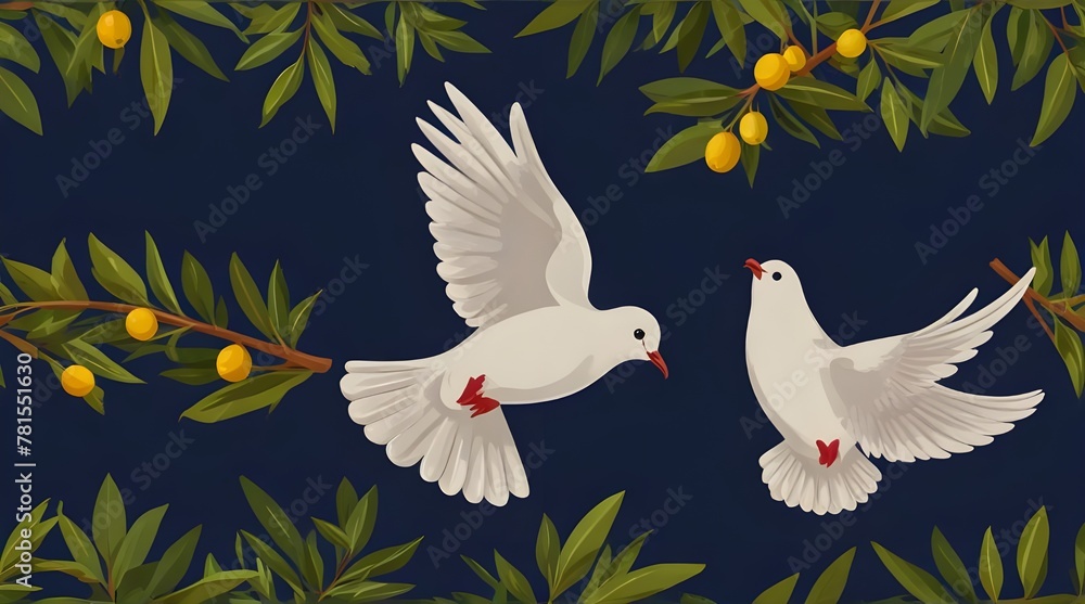 Dove with Olive Branch Jewish Holiday Symbols Colored .Generative AI