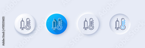 Thermometer with vaccine line icon. Neumorphic, Blue gradient, 3d pin buttons. Temperature diagnostic sign. Fever measuring symbol. Line icons. Neumorphic buttons with outline signs. Vector photo