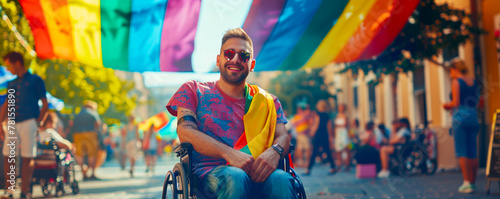 Gay Pride Festival: Wheelchair User with Rainbow Flags
 photo