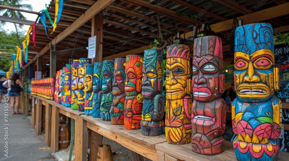 Row of Totem Poles on Wooden Table