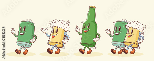 Groovy Beer Mug and Can Retro Character Illustration. Cartoon Drink Glass and Drink Container Walking Smiling Vector Food Mascot Template Happy Vintage Cool Beverages Rubberhose Style Drawing