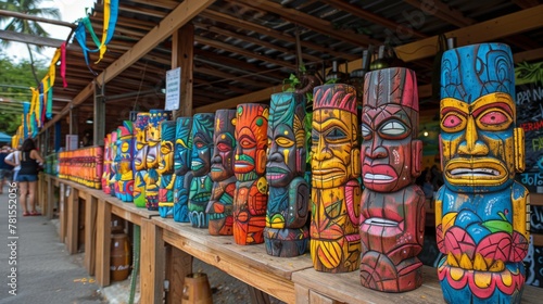 Row of Totem Poles on Wooden Table © yganko