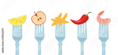 Set of forks with delicious food: fruit, seafood, pasta in cartoon style. Vector illustration with different food on forks: lemon, apples, macaroni, chili pepper, shrimp isolated on white background.
