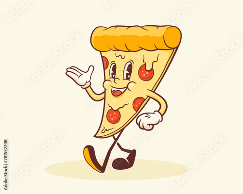 Groovy Pizza Retro Character. Cartoon Food Slice Walking and Smiling. Vector Fastfood Mascot Template. Happy Vintage Cool Illustration Isolated