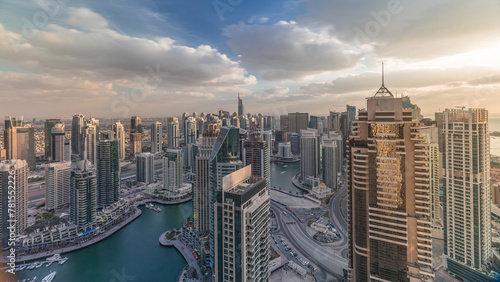 Dubai Marina skyscrapers and jumeirah lake towers view from the top aerial timelapse in the United Arab Emirates. photo