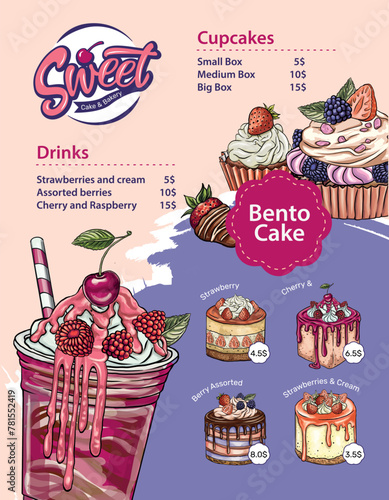 Hand drawn vector template of menu with desserts, sweets and bakery products. Design with sketch cake, cupcake, macaroons,  bento cake, waffle