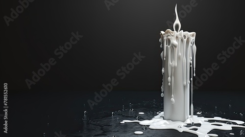 a white dripping candle, its flame casting a warm glow against a dark background, leaving trails of wax as it slowly burns down.