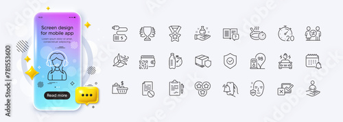 Frying pan, Delivery insurance and Clipboard line icons for web app. Phone mockup gradient screen. Pack of Wrong file, Alarm clock, Windmill turbine pictogram icons. Vector