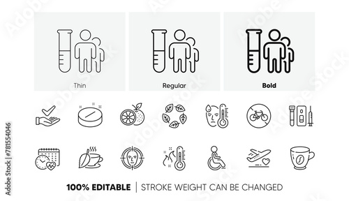 Mint tea, Fever and Medical analyzes line icons. Pack of Bicycle prohibited, Dermatologically tested, Medical tablet icon. Disability, Face detect, Organic tested pictogram. Line icons. Vector