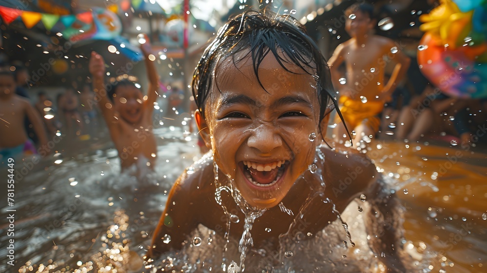 Obraz premium Joyful Songkran Water Fight Captures the Spirit of Thai Cultural