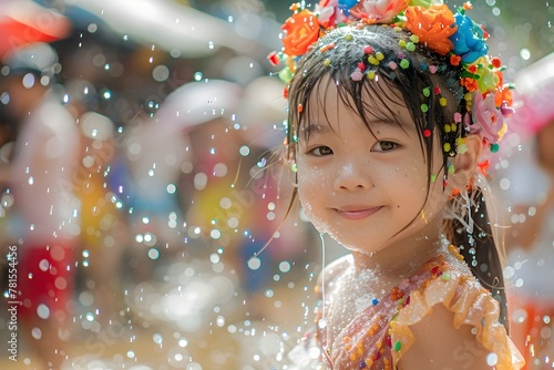Carefree Girl Celebrating the Joyous Songkran Festival with Floral Garlands and Water Splashes