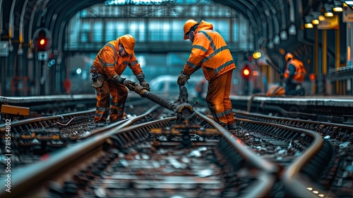 two male railway workers, clad in fluorescent orange workwear, as they perform mechanical actions on railway tracks under a high-saturation industrial style setting.