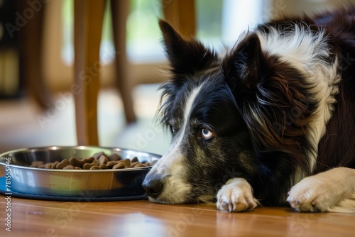 Border Collie Lying Near a Bowl of Dog Food Indoors photo