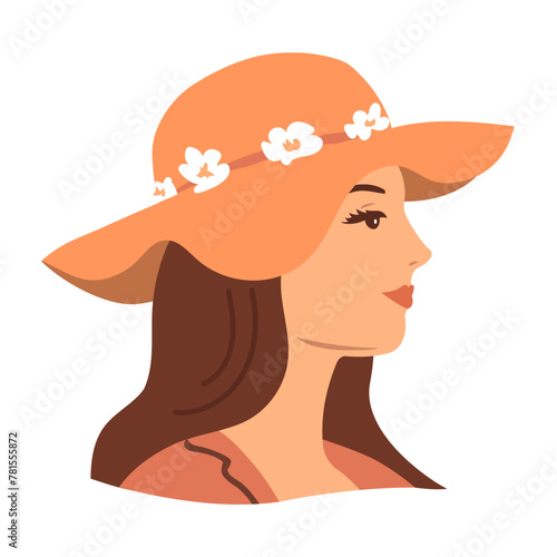 Beautiful young woman in summer straw hat. Face girl closeup. Fashion and beauty. Vector illustration isolated on white background