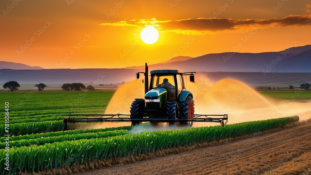 Fototapeta premium tractor sprays fertilizer on agricultural plants on the rapeseed field, agricultural crop at sunset with information infographic data for agriculture industry and food supply production concepts.