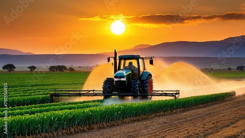 tractor sprays fertilizer on agricultural plants on the rapeseed field  agricultural crop at sunset with information infographic data for agriculture industry and food supply production concepts.