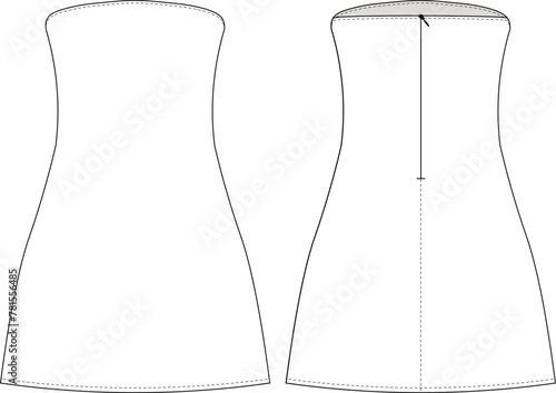strapless neck sleeveless zipperedshort mini a-line dress template technical drawing flat sketch cad mockup fashion woman design style model
