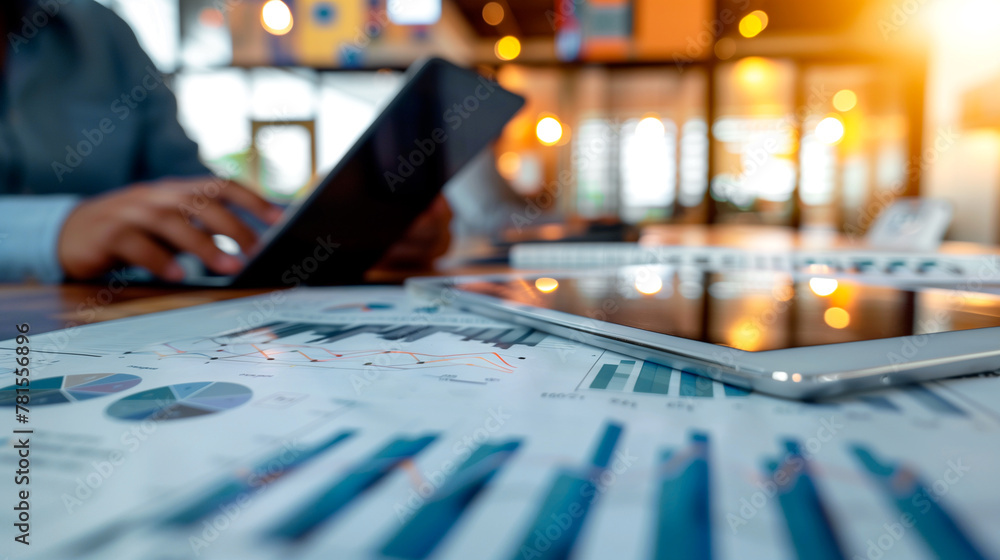 business documents on office table with laptop and graph financial with social network diagram and man working in the background business documents on office table with laptop and graph financial with social network diagram and man working in the background
