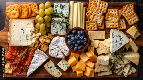 a cheese board, featuring blue cheese, brie, camembert, cheddar, Emmental, goat cheese, ricotta, and havarti, accompanied by antipasto and of square and round crispy crackers, beautifully arranged. photo