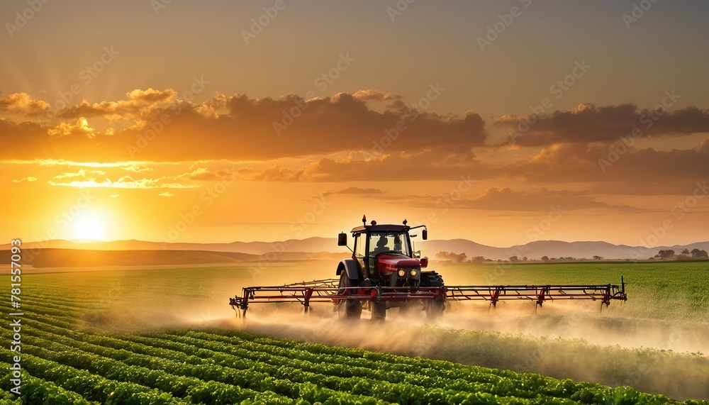 Fototapeta premium tractor sprays fertilizer on agricultural plants on the rapeseed field, agricultural crop at sunset with information infographic data for agriculture industry and food supply production concepts.