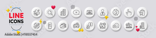 Refill water, Online chemistry and Vegetables line icons. White buttons 3d icons. Pack of Refrigerator, Reject, Car leasing icon. Skyscraper buildings, Interview, Buildings pictogram. Vector