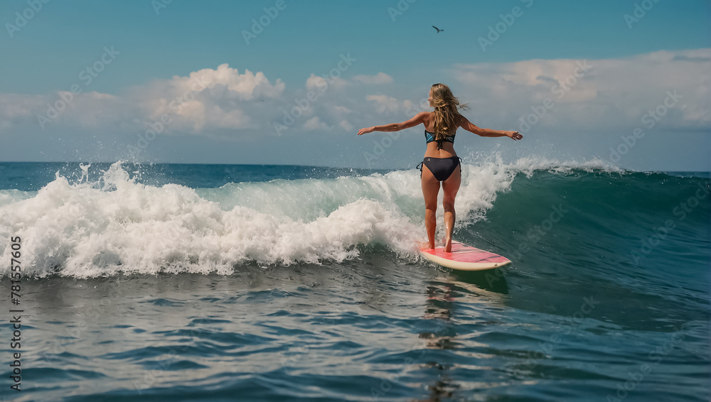 Beautiful girl surfing board in the sea Beautiful girl surfing board in the sea