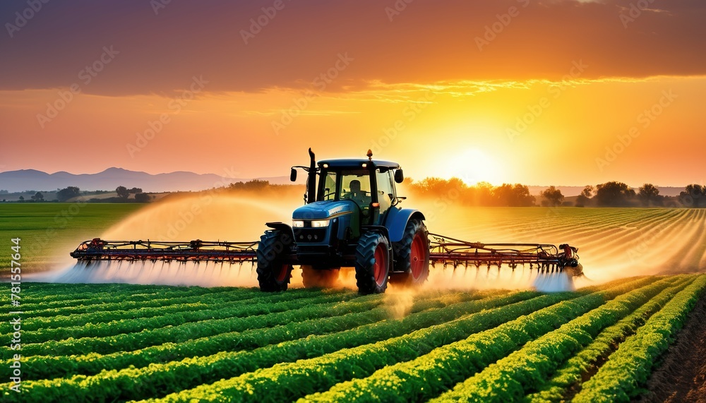 tractor sprays fertilizer on agricultural plants on the rapeseed field, agricultural crop at sunset with information infographic data for agriculture industry and food supply production concepts. tractor sprays fertilizer on agricultural plants on the rapeseed field, agricultural crop at sunset with information infographic data for agriculture industry and food supply production concepts.