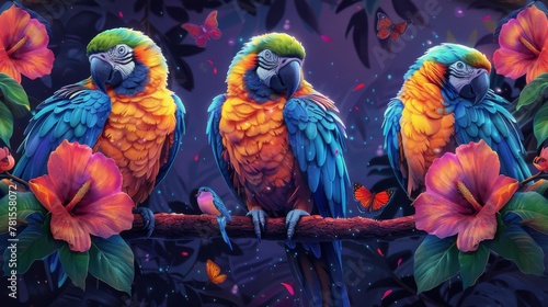 Three Colorful Parrots Sitting on a Branch With Flowers photo