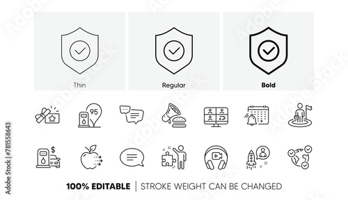 Strategy, Notification calendar and Online voting line icons. Pack of Leadership, Loyalty gift, Security shield icon. Burger, Startup, Filling station pictogram. Text message. Line icons. Vector
