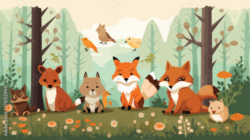 Many cute animals in the forest illustration 2d fla