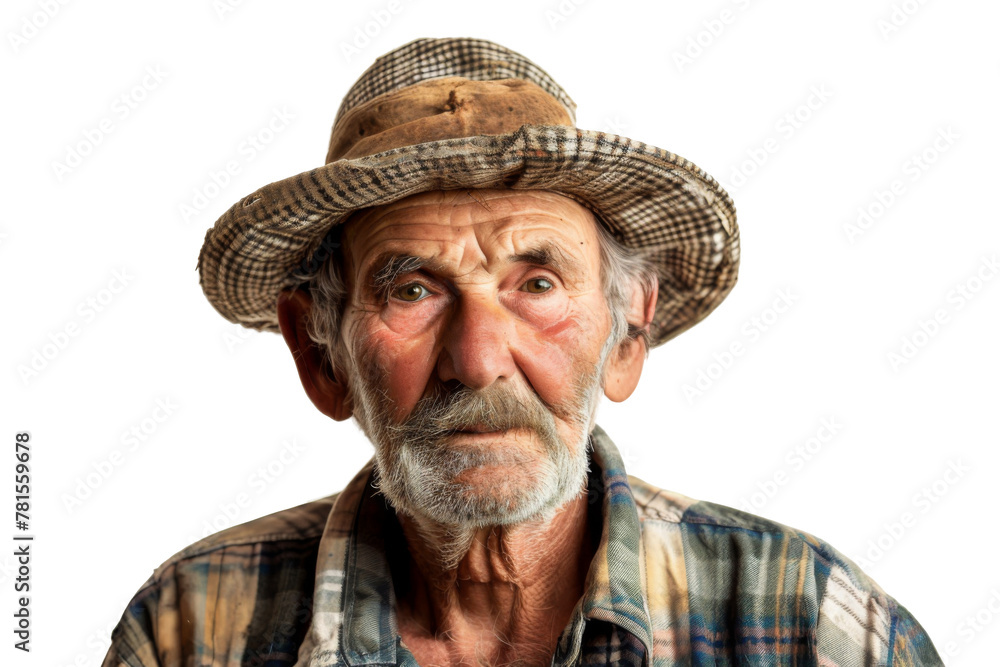 Portrait studio shot of mature senior Farmer man weaning straw hat isolated on transparent png background, person look at camera, agriculture worker. Portrait studio shot of mature senior Farmer man weaning straw hat isolated on transparent png background, person look at camera, agriculture worker.