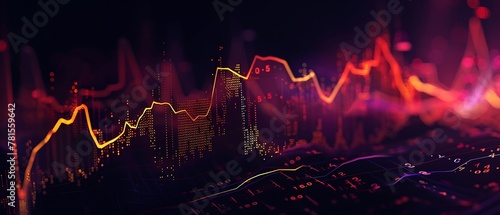 Financial stock market graph with upward trending lines candlestick chart representing growth in financial forex trading market on widescreen black background. Generative AI photo