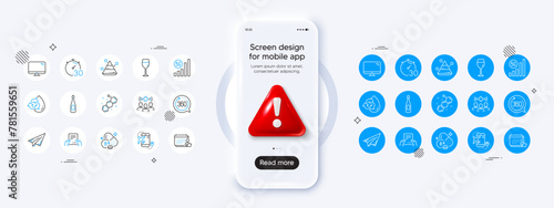 Timer, Wine glass and Paper plane line icons. Phone mockup with 3d danger icon. Pack of Vitamin b6, Computer, 360 degrees icon. Recycle water, Pyramid chart, Champagne pictogram. Vector