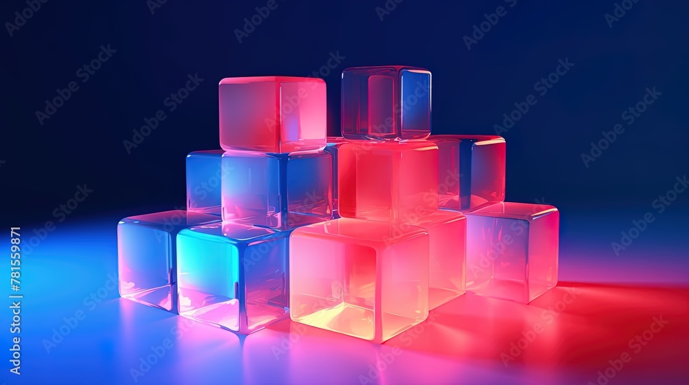 Translucent plastic cubes of illuminated pastel colors arranged in order Translucent plastic cubes of illuminated pastel colors arranged in order