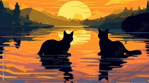 drawing of two cats backlit in a pond during sunset or sunrise © HC FOTOSTUDIO