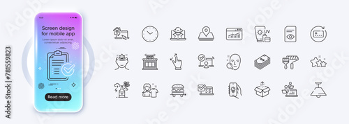 View document, Send box and Work home line icons for web app. Phone mockup gradient screen. Pack of Ceiling lamp, Sunscreen, Online access pictogram icons. Vector
