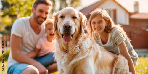Happy family playing with golden retriever dog on the backyard lawn © KEA