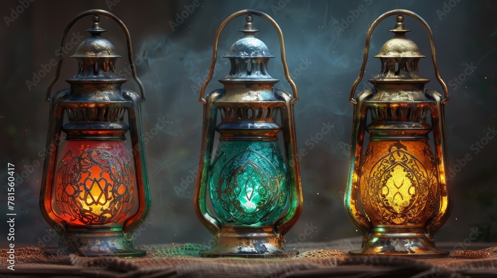 A mystical set of three colored glass lanterns glow warmly, casting a magical ambiance in a dark, misty setting. A mystical set of three colored glass lanterns glow warmly, casting a magical ambiance in a dark, misty setting.