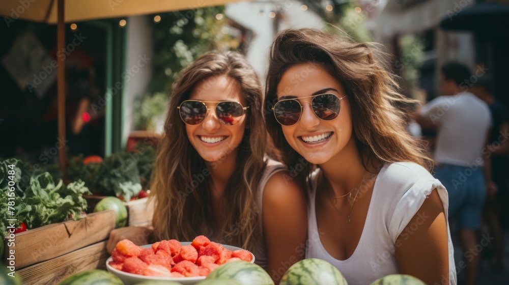 Two young women smiling and eating watermelon