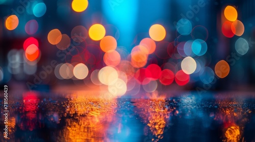 Blurred colorful city lights reflecting on wet asphalt at night photo