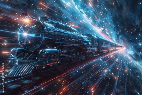 An interstellar train cruising through space, its interior a cosmos observatory guided by an AI astronomer