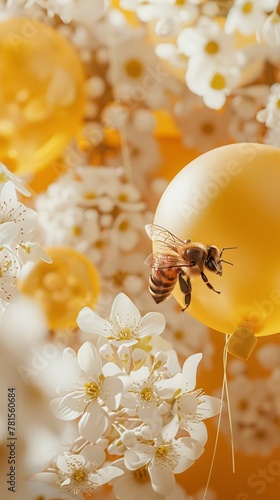 Bees buzzing around honeyyellow balloons, with white flowers blooming softly in the background photo