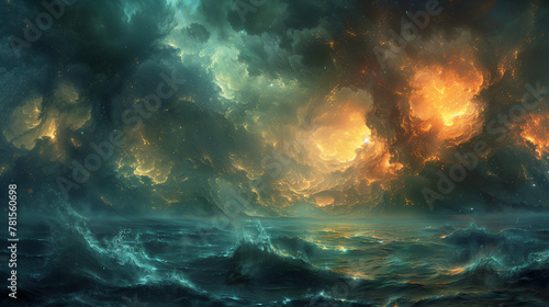 A painting of a stormy ocean with a bright orange and yellow cloud in the sky