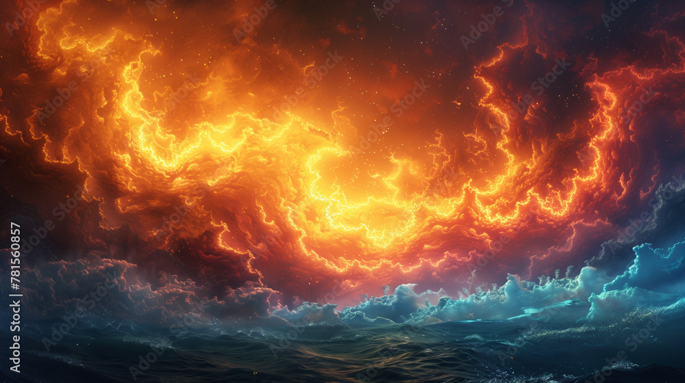 A colorful, fiery sky with a blue ocean in the background