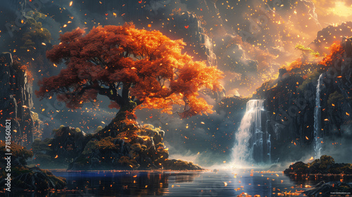 A beautiful landscape with a large tree in the foreground © ART IS AN EXPLOSION.