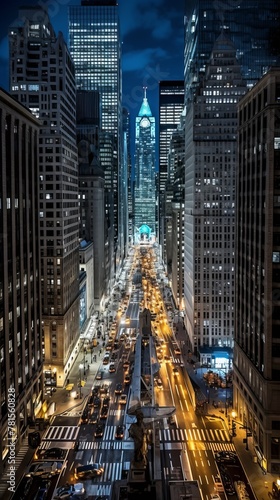 New York City street with skyscrapers at night