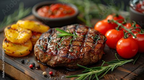 A steak is on a wooden cutting board with a side of potatoes and tomatoes photo