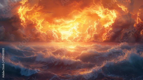 A painting of a stormy ocean with a bright orange sun in the sky