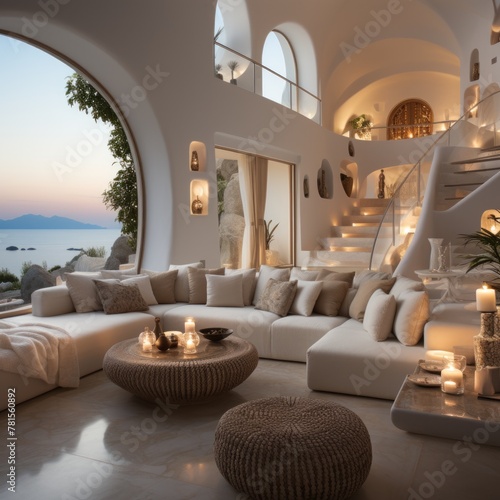 Modern luxury villa interior living room with panoramic sea view © Adobe Contributor